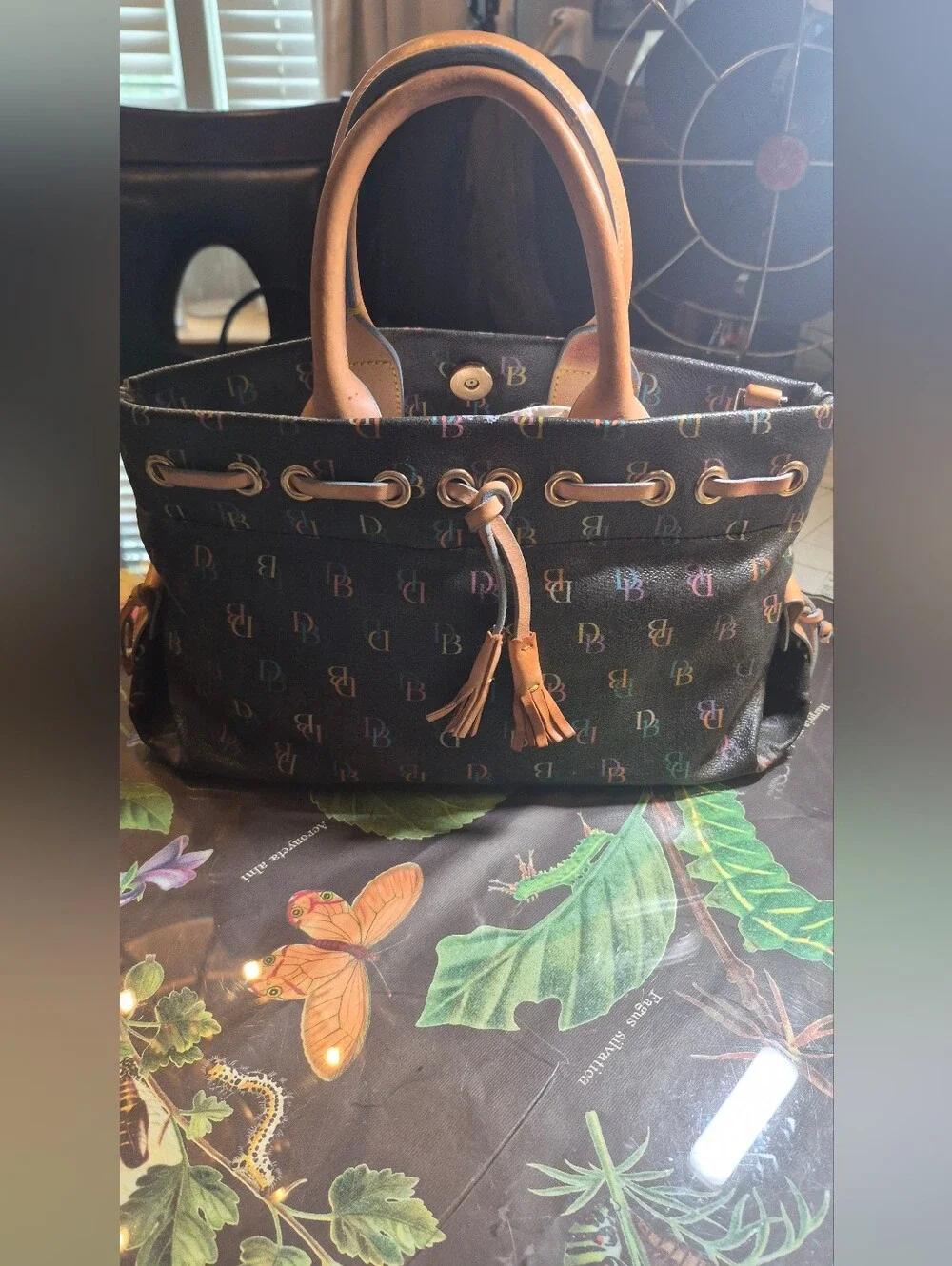 Dooney & Bourke Black Signature Tote with Tan Leather Trim